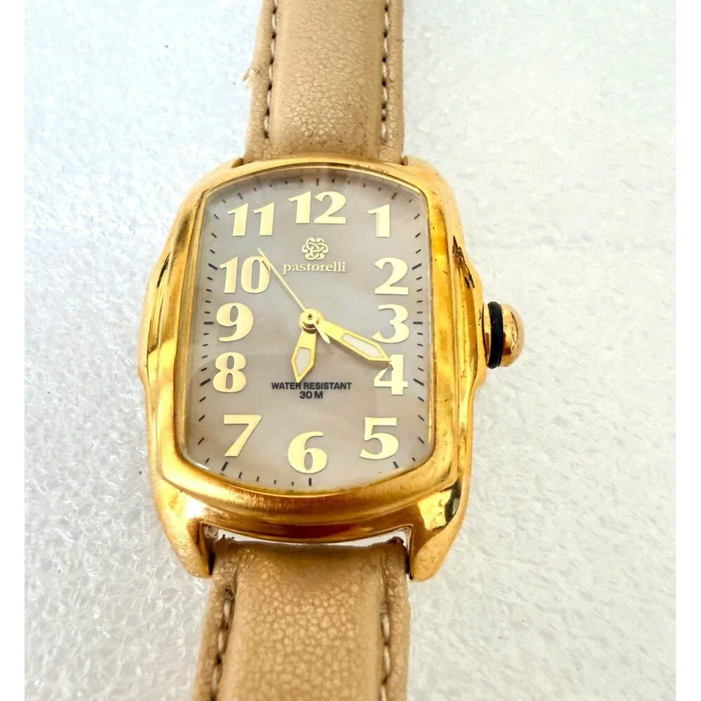 Vintage Pastorelli Tonneau Gold Watch Swiss Parts Mother of Pearl Dial Leather